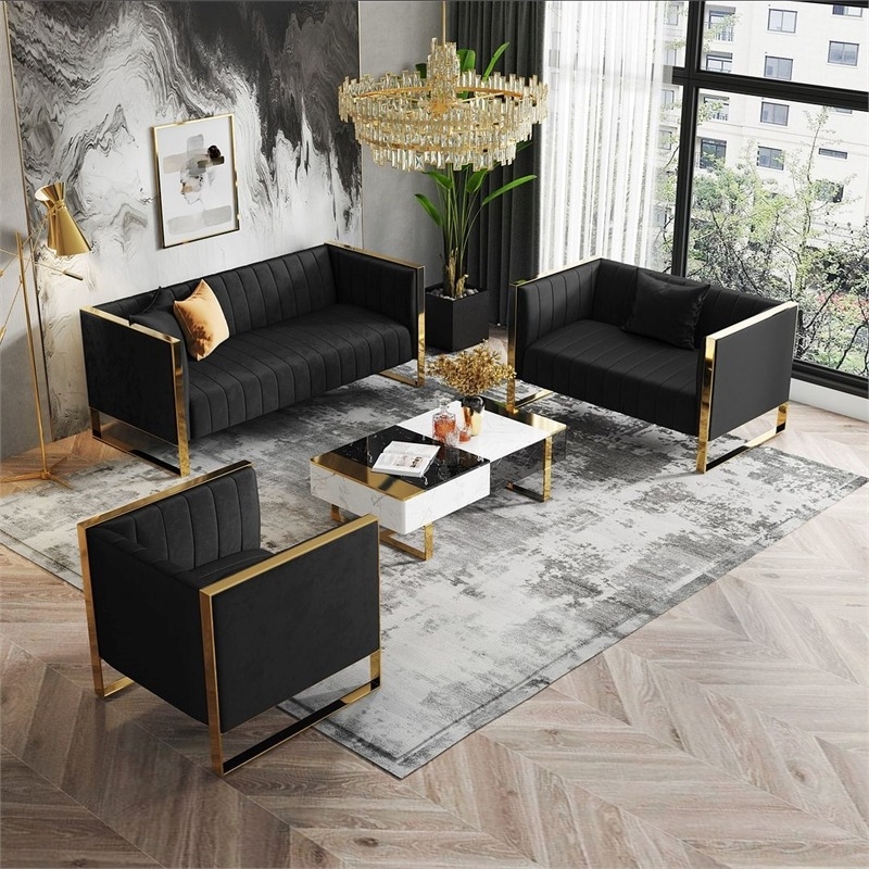 Eden Home 3-Piece Contemporary Velvet Sofa Set in Black/Rose Gold