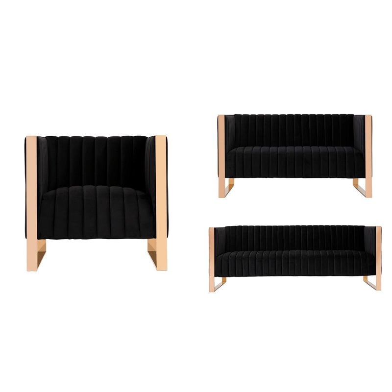 Eden Home 3-Piece Contemporary Velvet Sofa Set in Black/Rose Gold