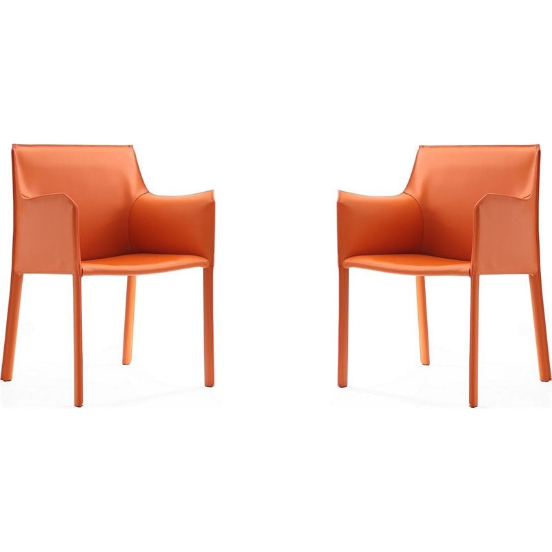Eden Home Contemporary Leather & Metal Arm Chair in Coral Orange (Set of 2)