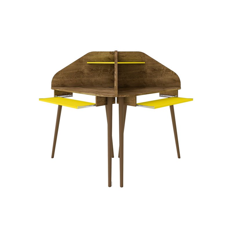 Eden Home Wood 4 PC Round Sectional Cubicle Desk Set in Rustic Brown and Yellow