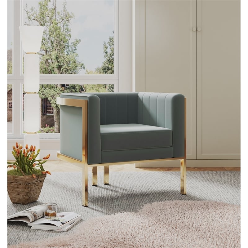 Eden Home Modern Velvet & Metal Accent Armchair in Warm Gray/Polished Brass
