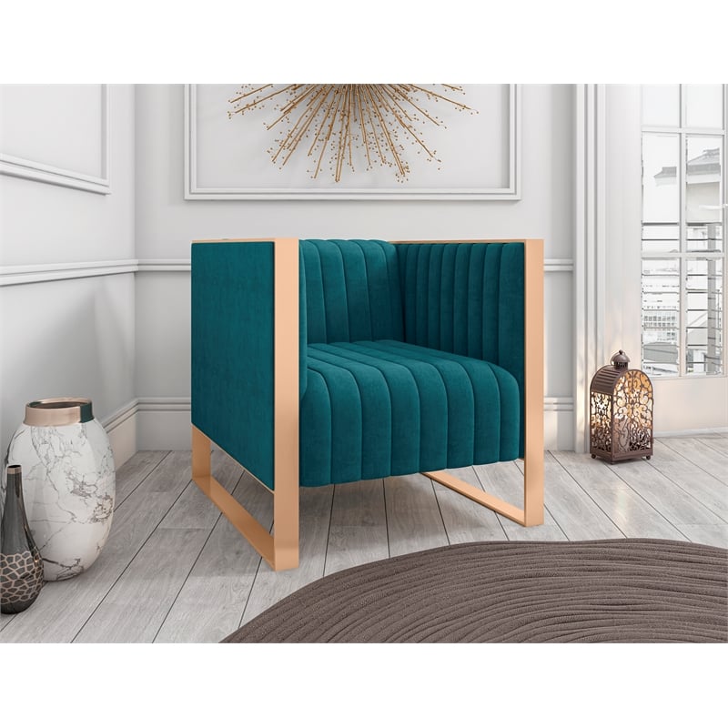 Eden Home Upholstered Modern Velvet & Metal Accent Chair in Teal Blue/Rose Gold