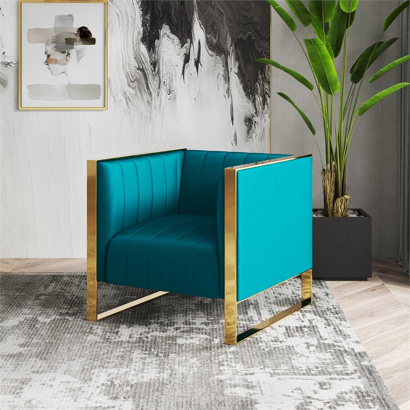 Eden Home Upholstered Modern Velvet & Metal Accent Chair in Teal Blue/Rose Gold