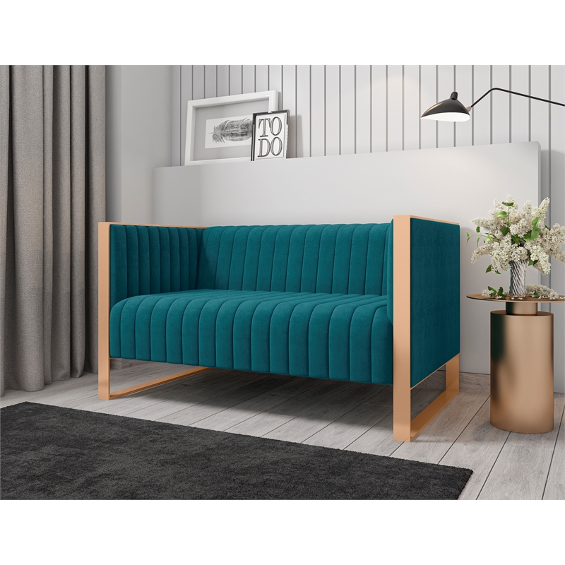 Eden Home Upholstered Tufted Velvet Loveseat in Aqua Blue/Rose Gold