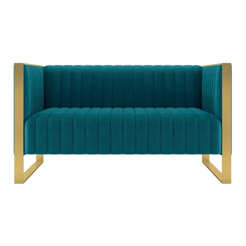 Eden Home Upholstered Tufted Velvet Loveseat in Aqua Blue/Rose Gold