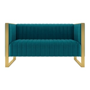 Eden Home Upholstered Tufted Velvet Loveseat in Aqua Blue/Rose Gold
