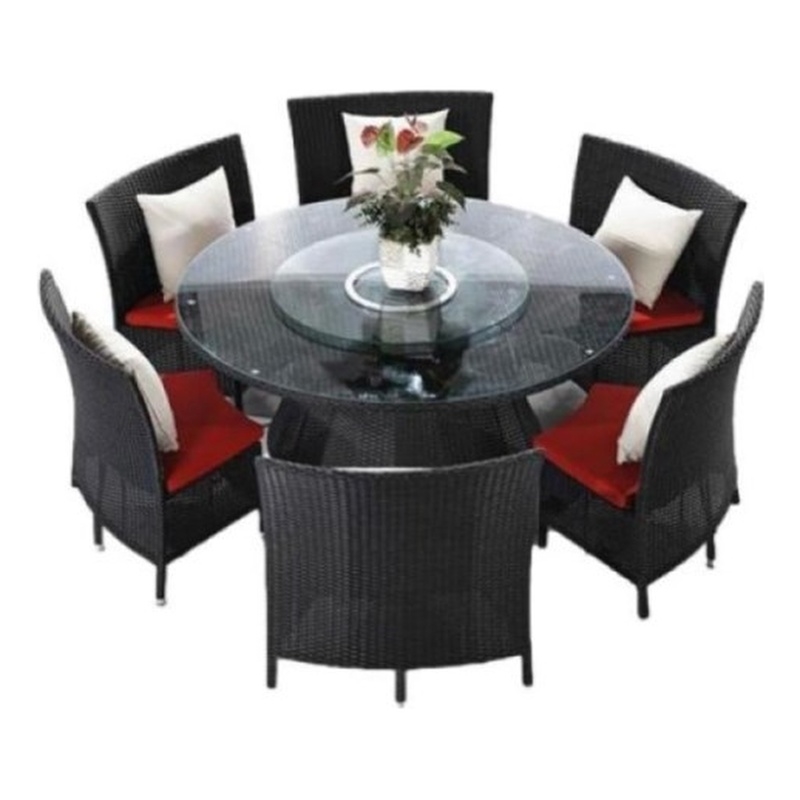 Eden Home 7-Piece Wicker / Rattan & Fabric Outdoor Dining Set in Black/Red