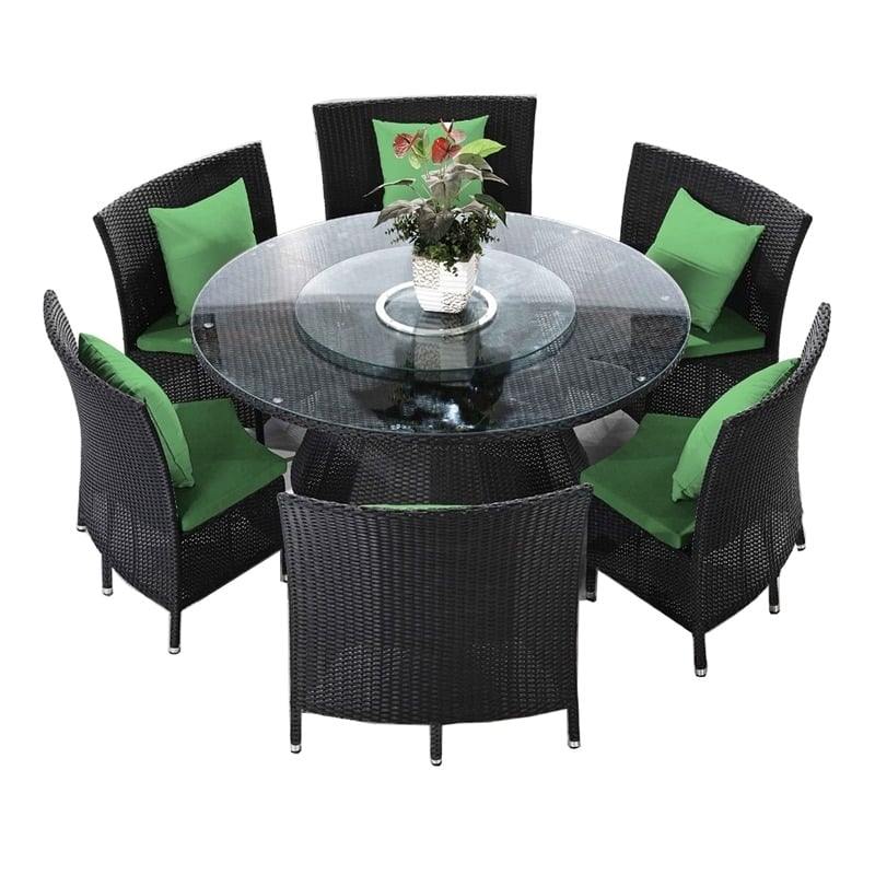 Eden Home 7-Piece Wicker / Rattan & Fabric Outdoor Dining Set in Black/Green