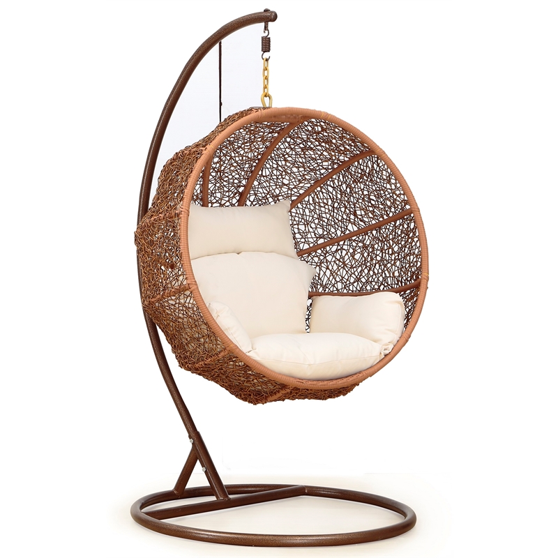 Eden Home Mid-Century Rattan & Fabric Hanging Lounge Egg Patio in Brown/Cream