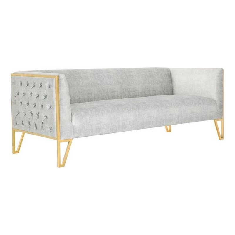 Eden Home Transitional Velvet & Metal 3-Seat Sofa in Gray/Polished Brass
