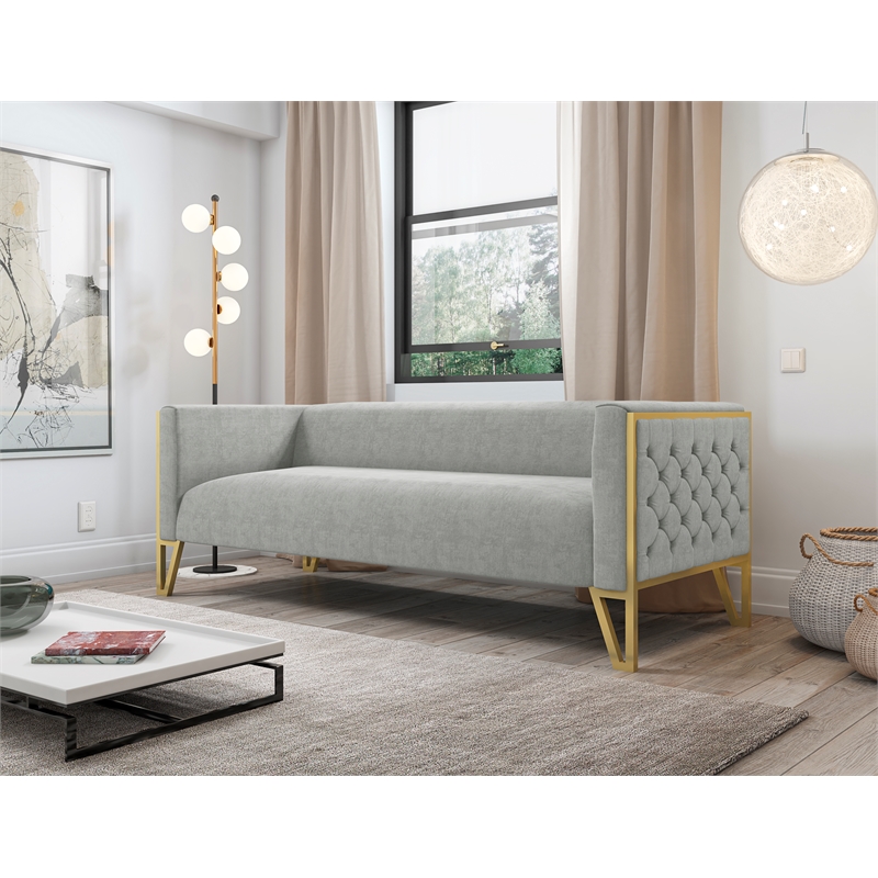 Eden Home Transitional Velvet & Metal 3-Seat Sofa in Gray/Polished Brass