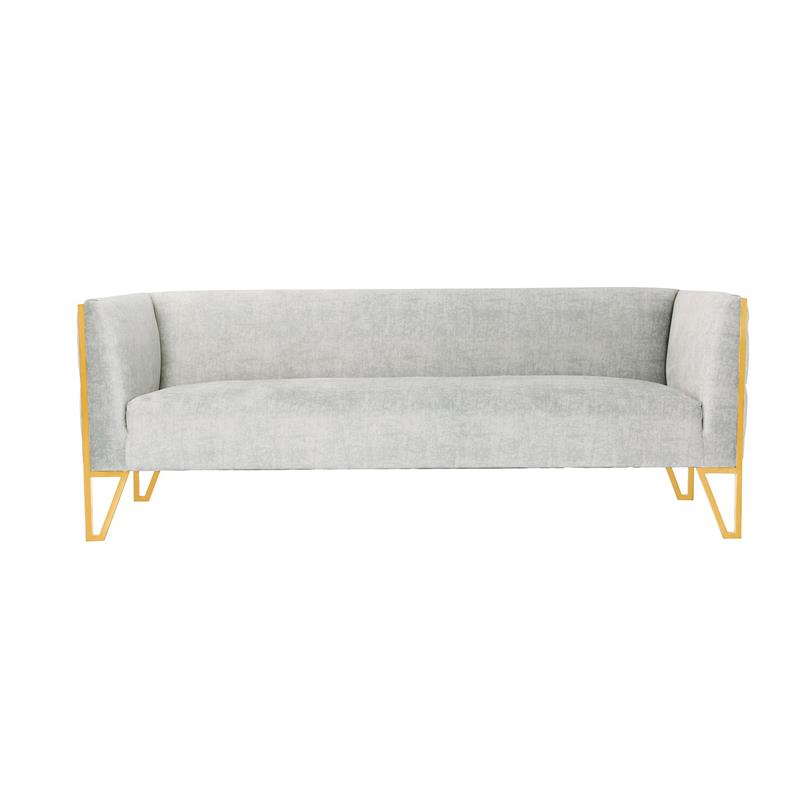 Eden Home Transitional Velvet & Metal 3-Seat Sofa in Gray/Polished Brass