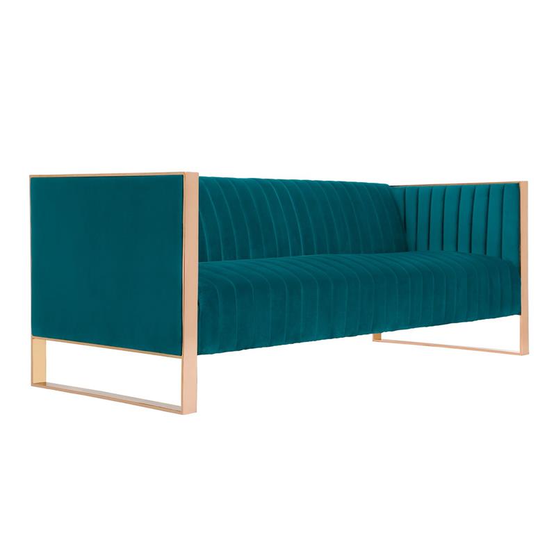 Eden Home Transitional Velvet & Metal 3-Seat Sofa in Aqua/Rose Gold