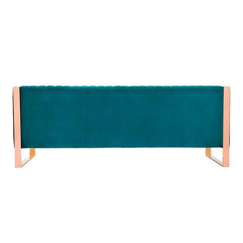 Eden Home Transitional Velvet & Metal 3-Seat Sofa in Aqua/Rose Gold