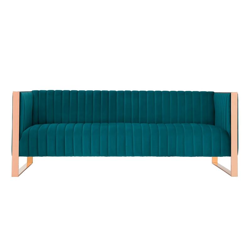 Eden Home Transitional Velvet & Metal 3-Seat Sofa in Aqua/Rose Gold