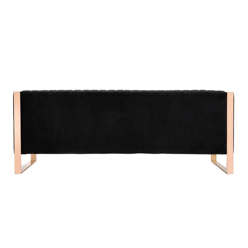 Eden Home Transitional Velvet & Metal 3-Seat Sofa in Black/Rose Gold