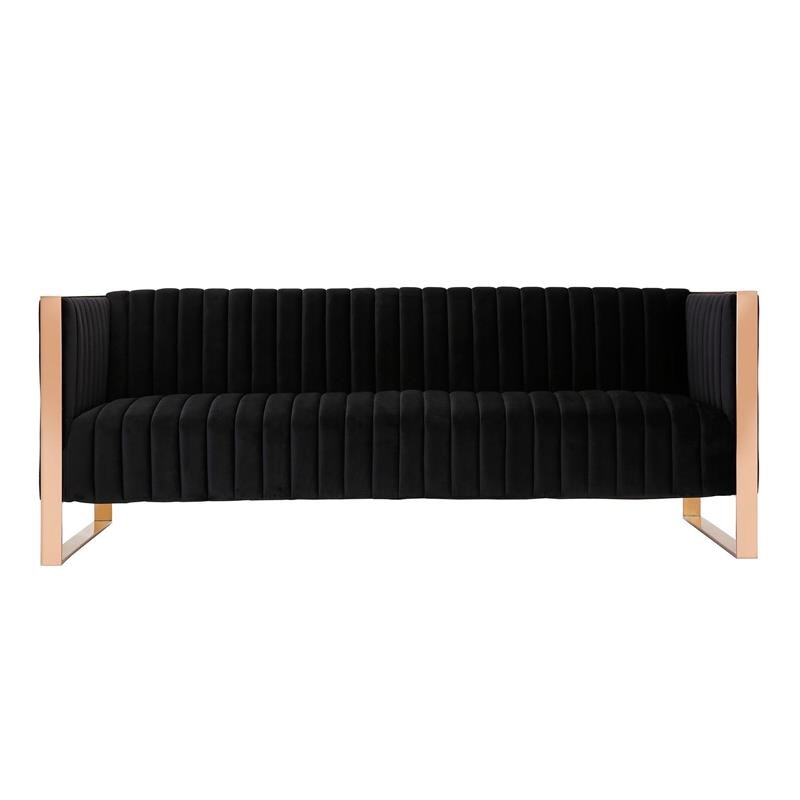 Eden Home Transitional Velvet & Metal 3-Seat Sofa in Black/Rose Gold