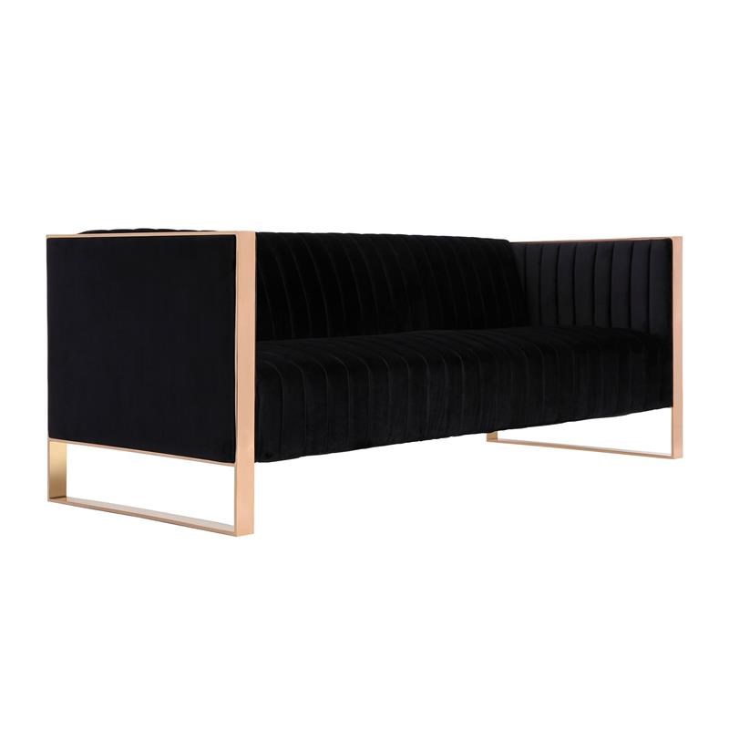 Eden Home Transitional Velvet & Metal 3-Seat Sofa in Black/Rose Gold