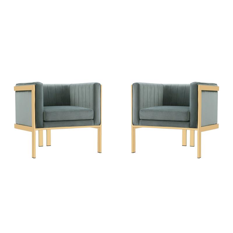 Eden Home Mid-Century Velvet Accent Armchair with 3 Legs in Gray (Set of 2)