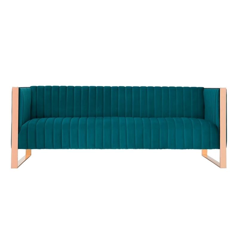 Eden Home 2-Piece Modern Velvet/Metal Sofa & Armchair Set in Teal Blue/Rose Gold
