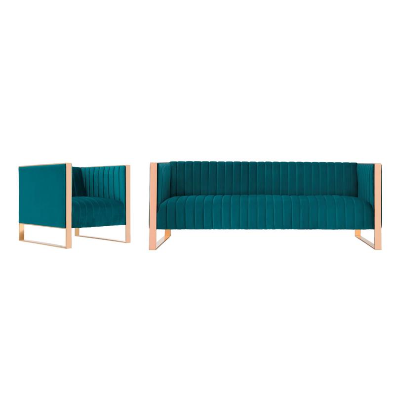 Eden Home 2-Piece Modern Velvet/Metal Sofa & Armchair Set in Teal Blue/Rose Gold