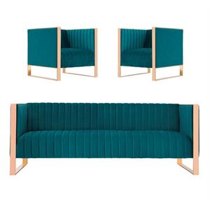 Eden Home 3-Piece Modern Velvet/Metal Sofa & Armchair Set in Teal Blue/Rose Gold
