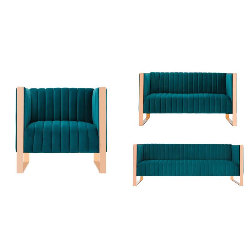 Eden Home 3-Piece Modern Velvet/Metal Sofa Set in Teal Blue/Rose Gold