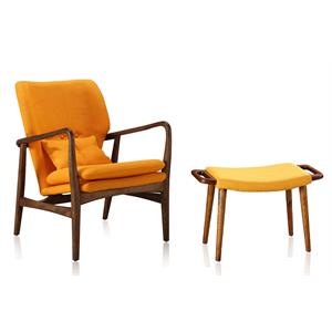 eden home modern linen upholstered accent chair and ottoman set in yellow/walnut