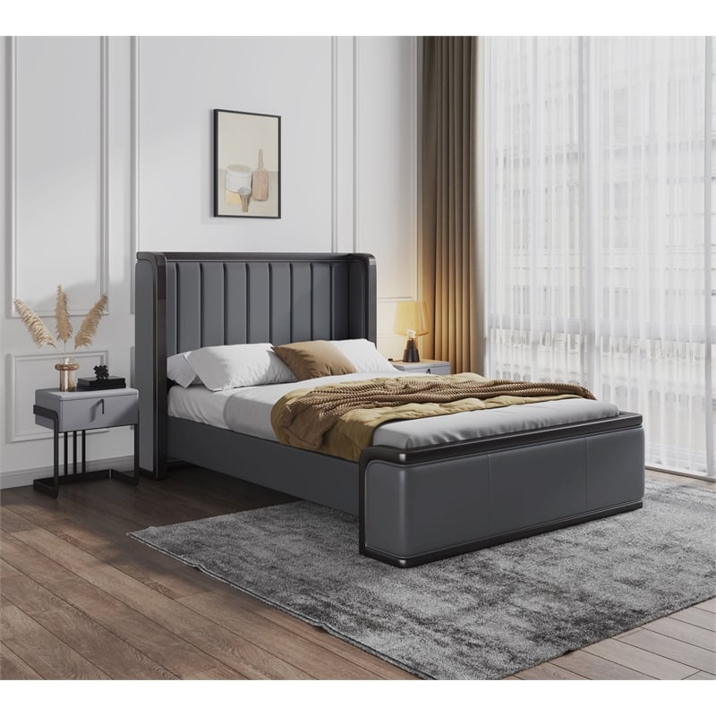 Eden Home Upholstered Modern Faux Leather Queen Bed Frame in Graphite Gray