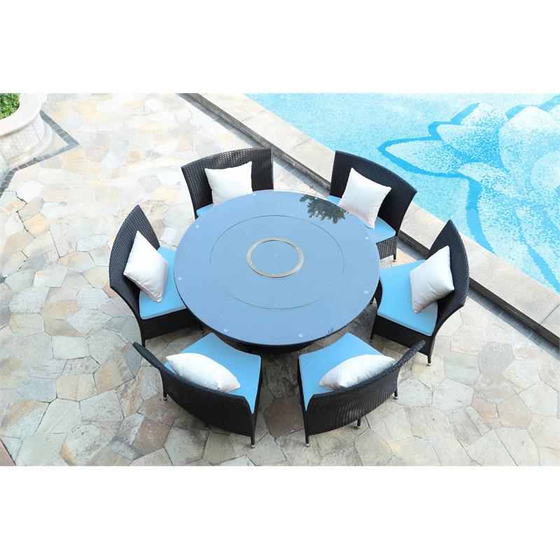 Eden Home 7-Piece Wicker / Rattan & Fabric Outdoor Dining Set in Black/Sky Blue