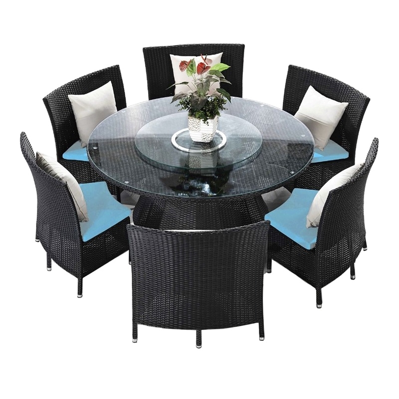 Eden Home 7-Piece Wicker / Rattan & Fabric Outdoor Dining Set in Black/Sky Blue