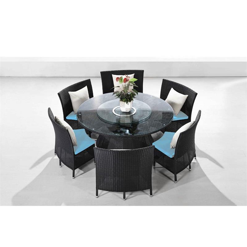Eden Home 7-Piece Wicker / Rattan & Fabric Outdoor Dining Set in Black/Sky Blue