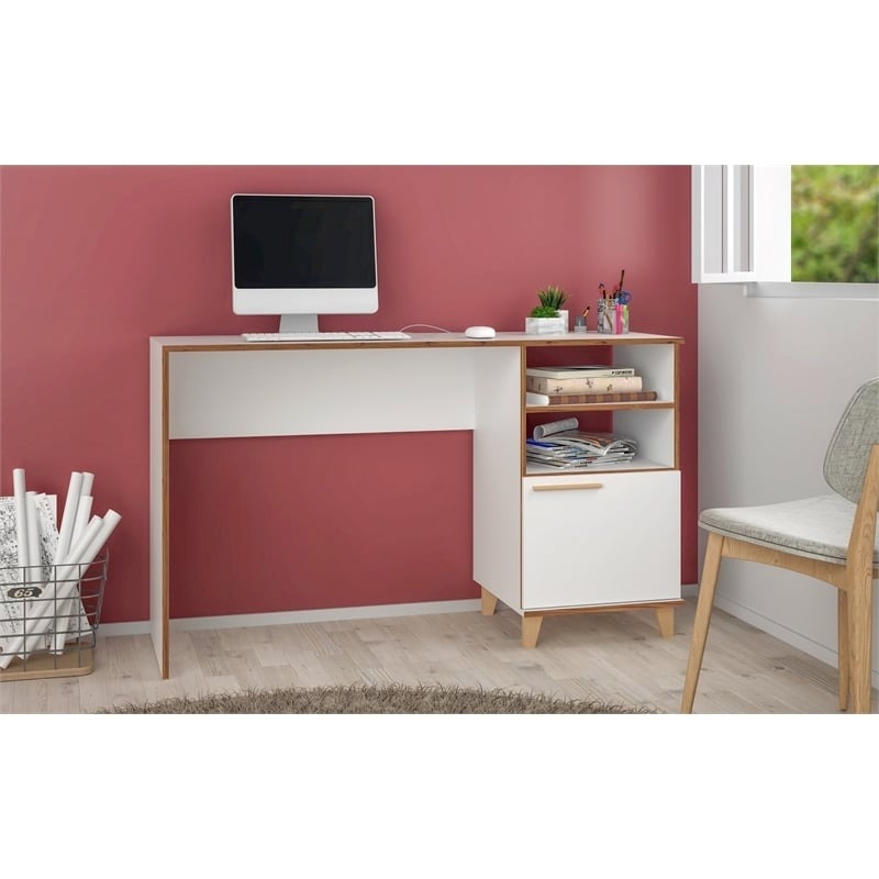 Eden Home Mid-Century Solid Wood Writing Desk with Shelves in White