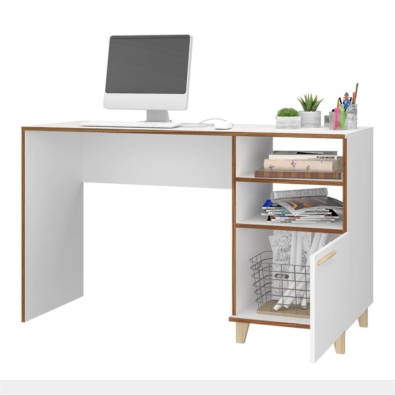 Eden Home Mid-Century Solid Wood Writing Desk with Shelves in White