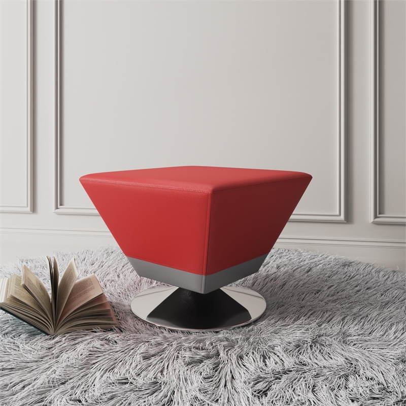 Eden Home Faux Leather & Metal Swivel Ottoman in Red/Polished Chrome