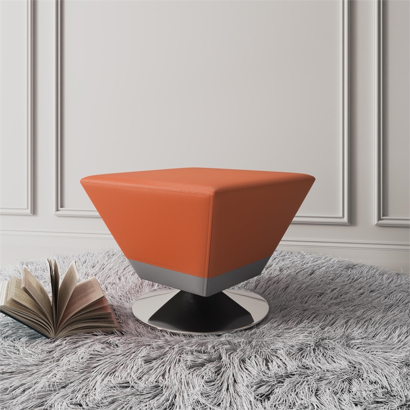 Eden Home Faux Leather & Metal Swivel Ottoman in Orange/Polished Chrome