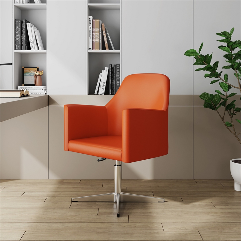 Eden Home Faux Leather & Metal Swivel Accent Chair in Orange/Chrome (Set of 2)