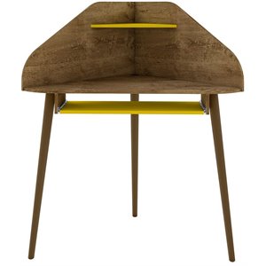 Eden Home Mid-Century Modern Wood Corner Desk in Rustic Brown and Yellow