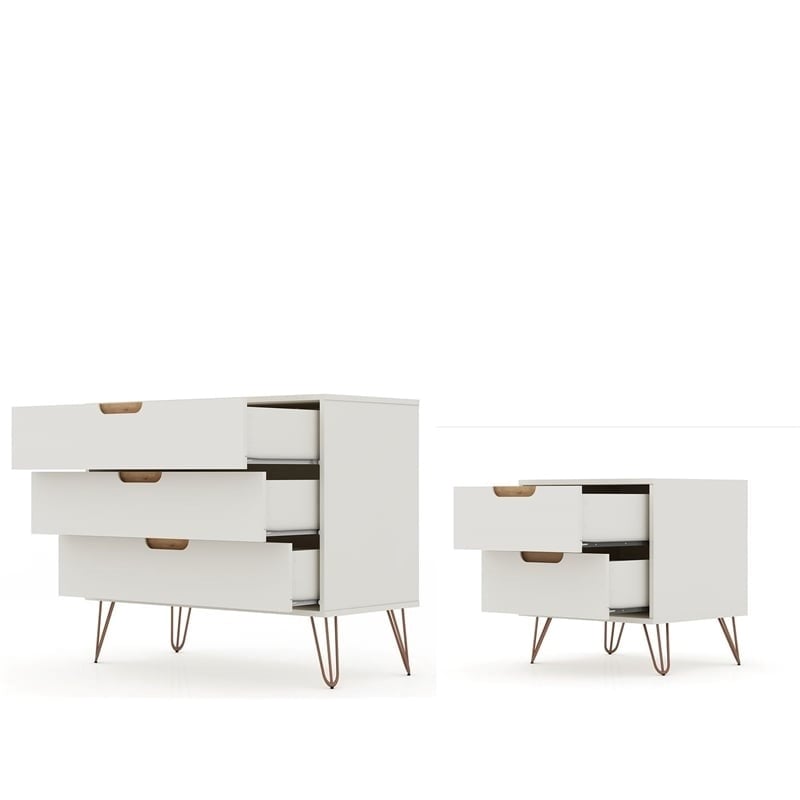 Eden Home Mid-Century Wood Dresser and Nightstand in Off White/Natural