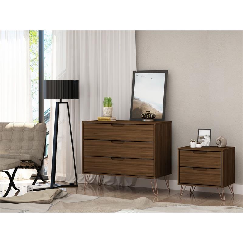 Eden Home 3-Drawer Mid-Century Wood Dresser and Nightstand in Brown
