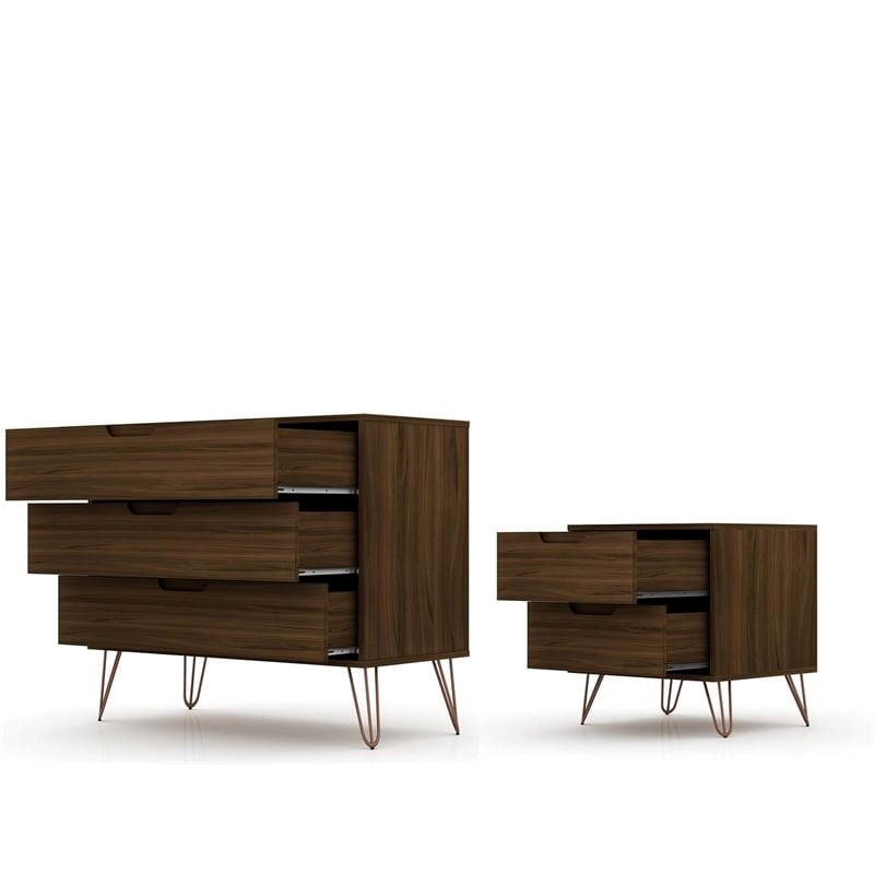 Eden Home 3-Drawer Mid-Century Wood Dresser and Nightstand in Brown