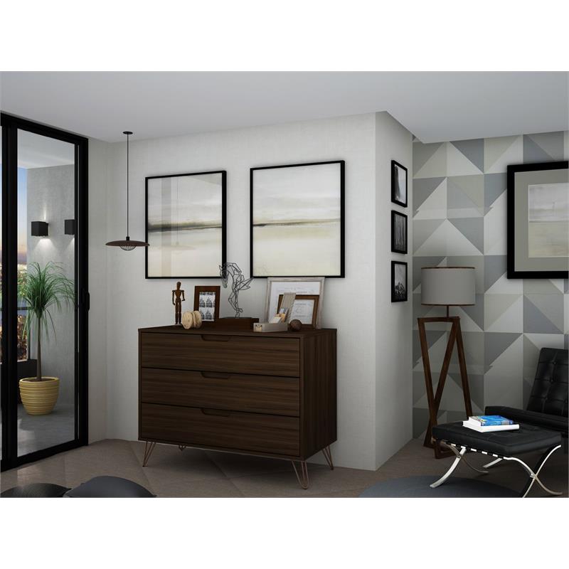 Eden Home 3-Drawer Mid-Century Wood Dresser with Metal Legs in Brown