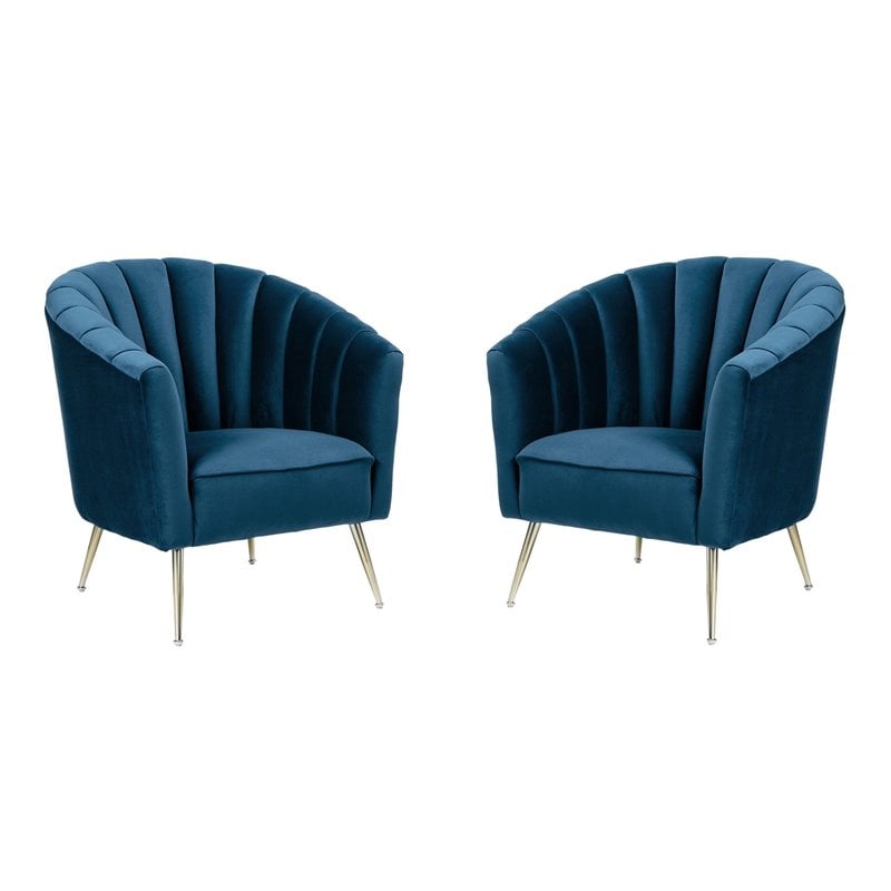 Eden Home Contemporary Velvet & Metal Accent Chair in Blue/Gold (Set of 2)