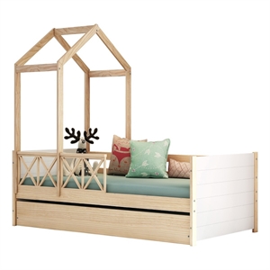 eden home modern solid wood twin daybed with trundle/roof/guardrail in white/oak