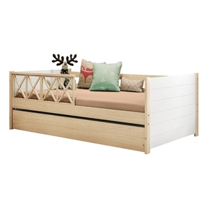 eden home modern solid wood twin daybed with trundle/guardrails in white/oak