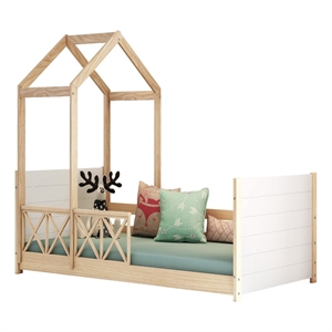eden home modern solid wood twin daybed with roof and guardrails in white/oak