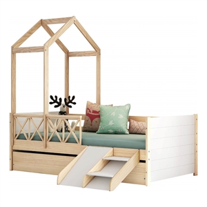 eden home modern wood twin daybed with trundle/roof/slide/guardrail in white/oak