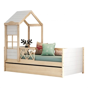 eden home modern solid wood twin daybed with trundle/roof/guardrail in white/oak