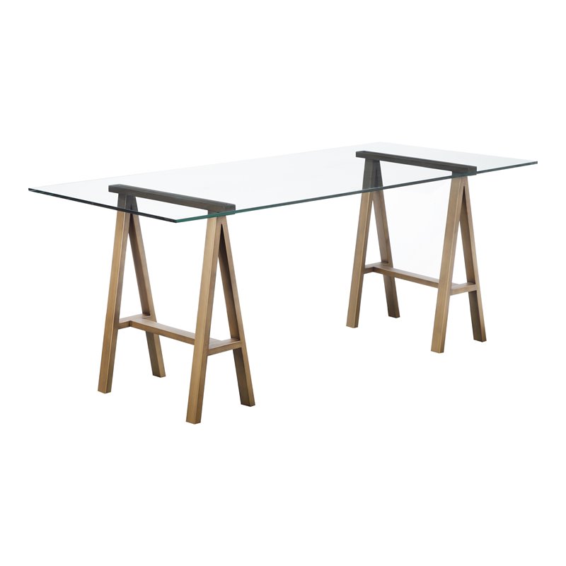 Eden Home Modern Metal and Glass Desk in Brushed Brass Finish