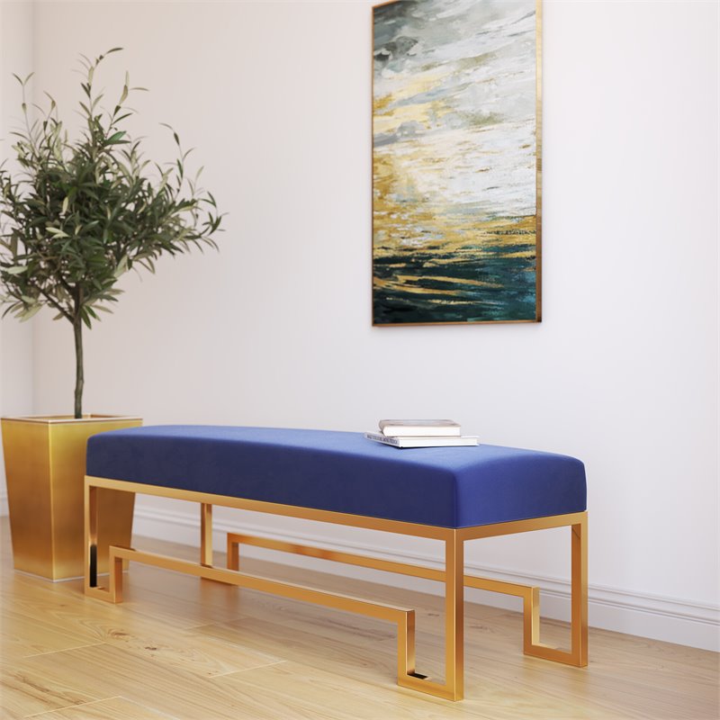 Eden Home Modern Steel and Velvet Bench in Gold and Navy Finish